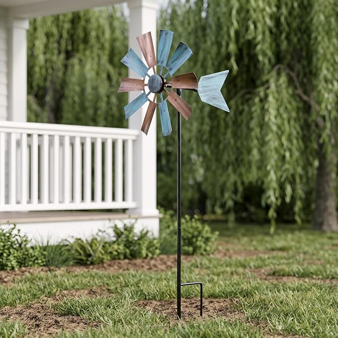 BinaryABC Outdoor Yard Windmill Metal Wind Spinner,Wind Sculptures Spinners Yard Decor Pinwheel,for Garden Yard Lawn Patio Decoration (Retro Two-Color)
