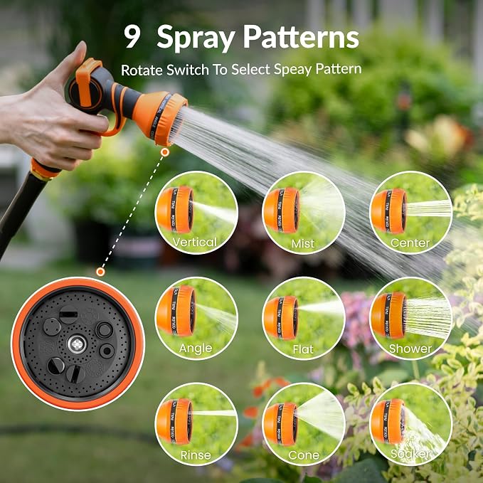 Giraffe Tools Garden Hose 25FT Lightweight Lay Flat Water Hose Kink Free Flexible Hose with 9 Spray Function Nozzle, Black