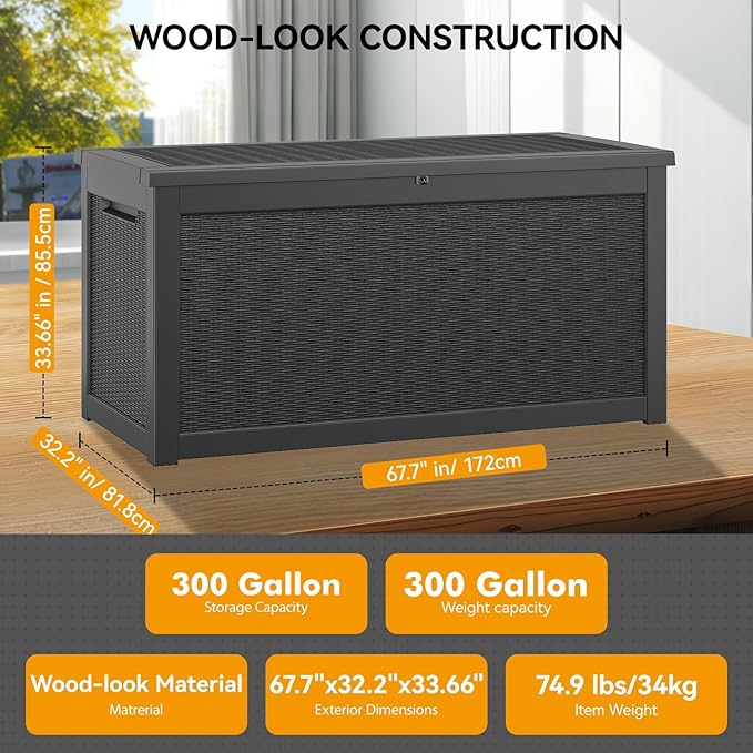 KAMABOKO 300 Gallon Outdoor Storage Box, Resin Deck Boxes Indoor and outdoor, Waterproof Storage Box Lockable Lid for Garden Tools, Package Delivery, Patio Cushions, Black