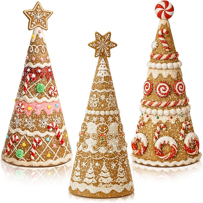 Simgoing 3 Pack Gingerbread Christmas Tree Figurines Christmas Tabletop Decorations Resin Gingerbread Cone Tree Decor Figurines for Xmas Home Centerpieces Tiered Tray Ornament Gifts