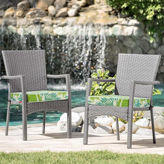 Patio Chair Cushions 18.5x16 Inch, Water Repellent Outdoor Seat Cushions with Adjustable Straps, Fade Resistant Replacement Cushions for Garden Deck Sofa Couch, Set of 2, Green Leaf