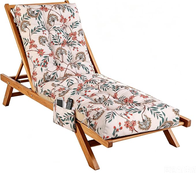 Patio Chaise Lounge Cushions, 68"x21"x4.5" Waterproof Replacement Beach Pool Lawn Outdoor Lounge Chair Cushion with Pocket, Non-Slip Bottom & Secure Ties for Outdoor Furniture, Flower Red