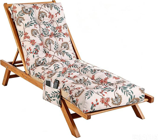 Patio Chaise Lounge Cushions, 68"x21"x4.5" Waterproof Replacement Beach Pool Lawn Outdoor Lounge Chair Cushion with Pocket, Non-Slip Bottom & Secure Ties for Outdoor Furniture, Flower Red