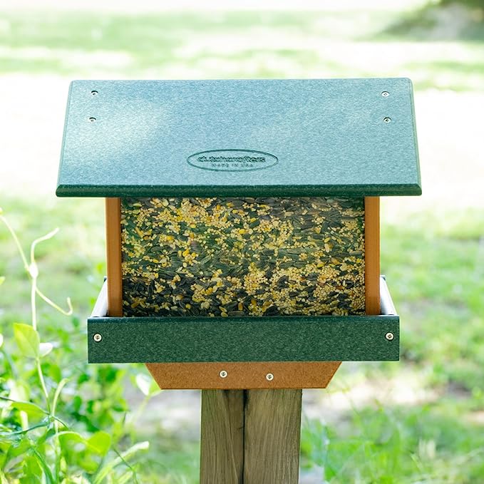DutchCrafters Poly Large Hopper Bird Feeder Post Mount for 4" x 4", Wild Songbird Bird Seed Feeder for Outdoor, Outside, Garden, Yard - Amish Made in USA (Post Mount, Tudor Brown & Weatherwood)