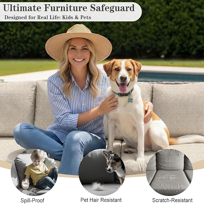8 Pack Outdoor Cushion Covers Water Resistant High Stretch Fit Patio Cushion Covers 180g Couch Seat Slipcovers Machine Washable Pet & Kids Friendly Home Refresh 20-27 Inch, Beige