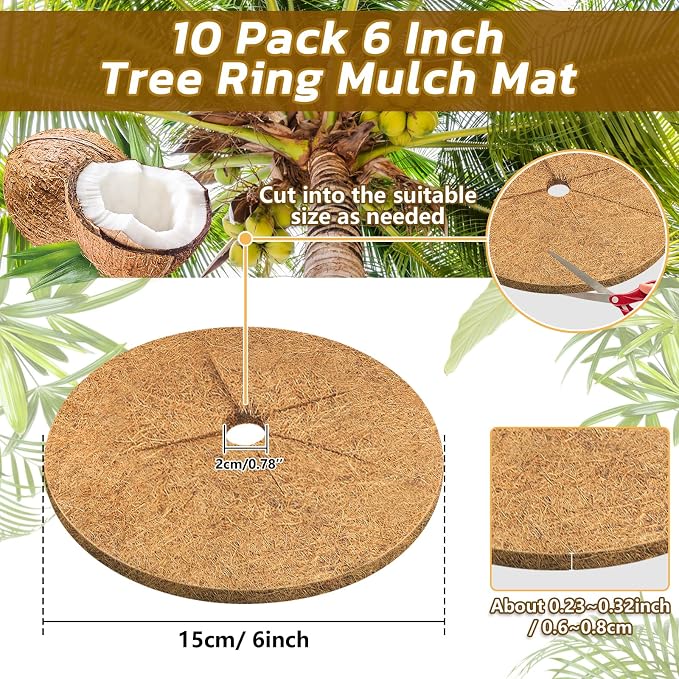Legigo 10pcs Coconut Fiber Mulch Ring Tree Plant Protector Mat, 6 Inch Natural Coco Coir Tree Mulch Ring Plant Pot Soil Cover, Tree Rings Disc Plant Cover for Indoor Outdoor Plants, Landscaping