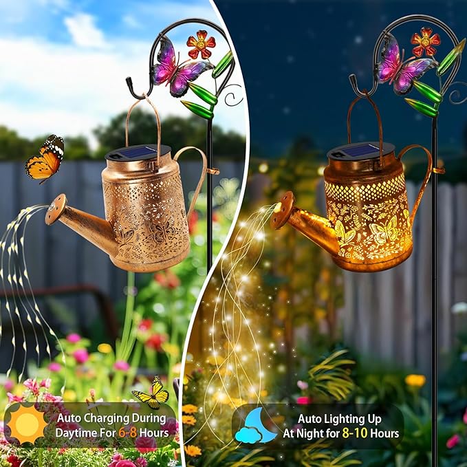 2 Pack Solar Butterfly Watering Can Lights, Gifts for Mom Grandma Women Wife Daughter Mother's Day, Waterproof Outdoor Decor Lights with Shepherd Hook, Hanging Lantern Lights for Yard Garden Backyard