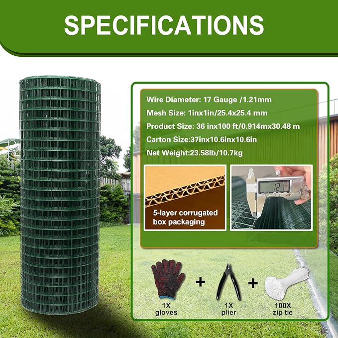Hardware Cloth 1' 36in x 100ft Chicken Wire, Green Garden Fence, PVC Coated Metal Welded Wire Mesh for Preventing Snakes, Raccoons, Foxes, Poultry Netting