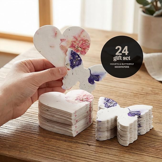 Combo Seed Paper - 24pcs Hearts & 24pcs Butterflies, Writable & Plantable Wildflower Gifts for Mom this Mother’s Day, Use for Shower Favors Weddings, Heart Party Favors or Easter Decoration