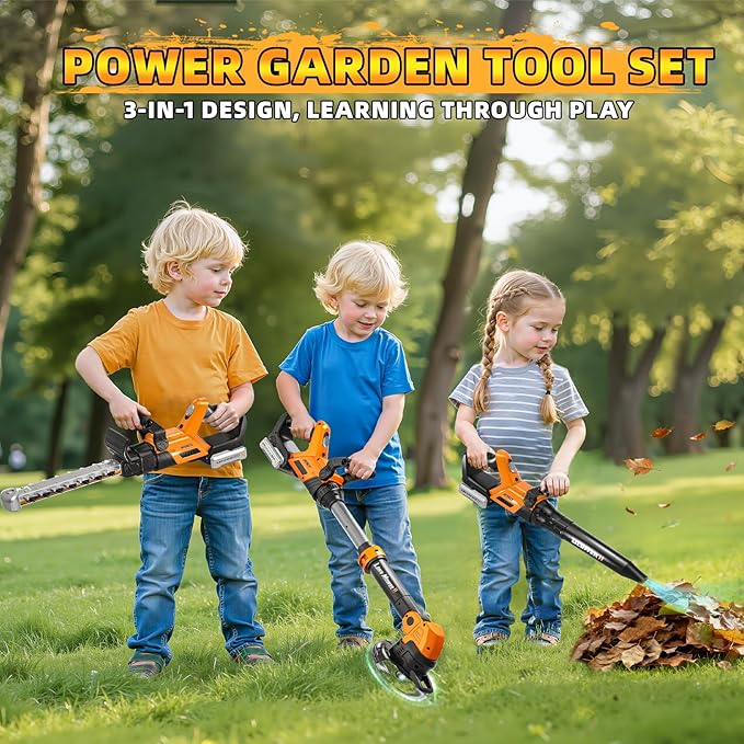 Kids Tool Set, 3 in 1 Kids Power Garden Tools with Sounds & Lights, Toy Weed Wacker, Toy Leaf Blower and Hedge Trimmer, Outdoor Toys, Toy Tools, Christmas Birthday Gifts for Boys 3 4 5 6 7 8 Year Old