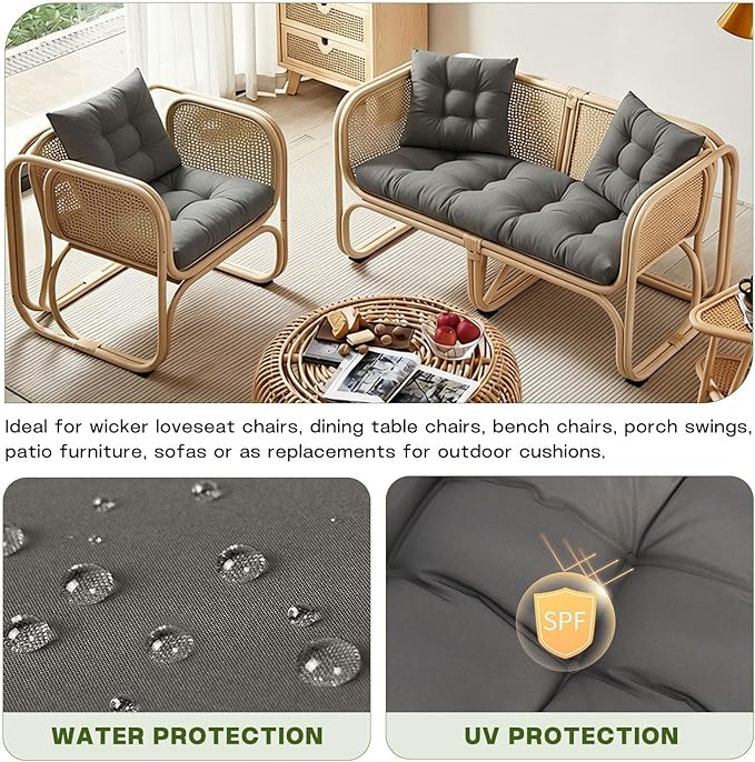 Wicker Chair Cushions Set, 2 U-Shaped Cushions & 1 Loveseat, Waterproof Outdoor Loveseat Cushion for Patio Furniture, Settee Bench Pad All Weather,Gray