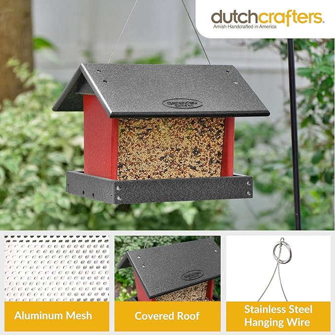 Poly Hanging Hopper Bird Feeder, Large Bird Feeder for Outside, Outdoors - Amish American Made (Hanging, Black & Red)