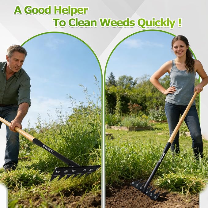 Gardenia Weeding Rake 2.0,60" Forged Iron Weeding Rake with Exclusive Double-Edged Thickened 6-Tines & Long Wooden Handle – Perfect for Gardens and lawns