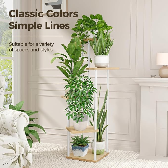 Bamworld White Plant Stand Indoor 5 Tier Plant Shelf for Multiple Plants Corner Flower Stand Metal Wood Plant Table for Patio Garden Balcony Living Room Bedroom