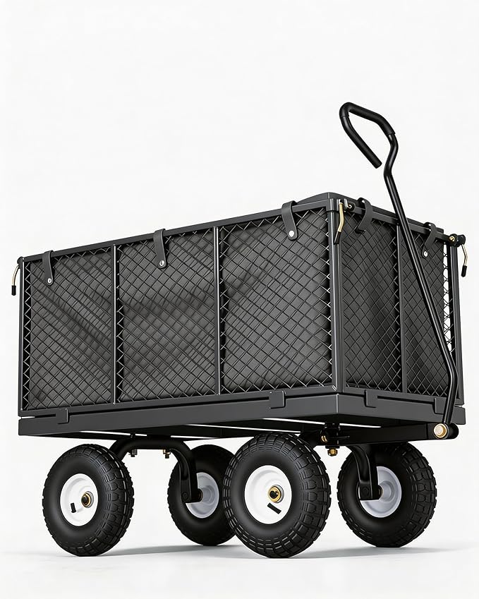 GarveeTech 800LBS Heavy Duty Steel Garden Cart, Garden Wagon Cart on Wheels, Metal Yard Utility Wagon with Removable Mesh Sides, 10" All Terrain Tires, 180° Rotating Handle for Lawn, Garden, Farm