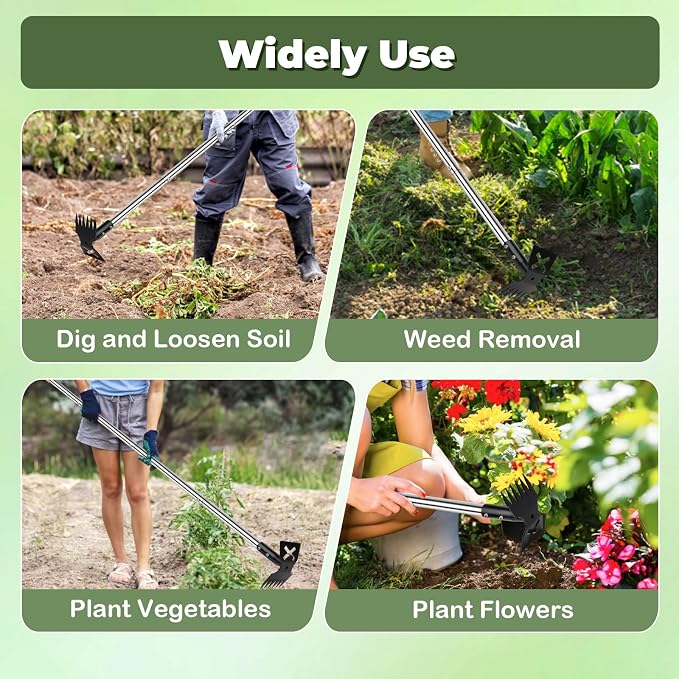 Weed Puller Tool with Long Handle, 60" Manual Weeding Tools Gardening, 2 in 1 Hand Weed Rake and Hoe Garden Weeder Tool, Uprooting Pulling Weed Remover Tool for Yard, Patio, Lawn and Garden (Yellow)