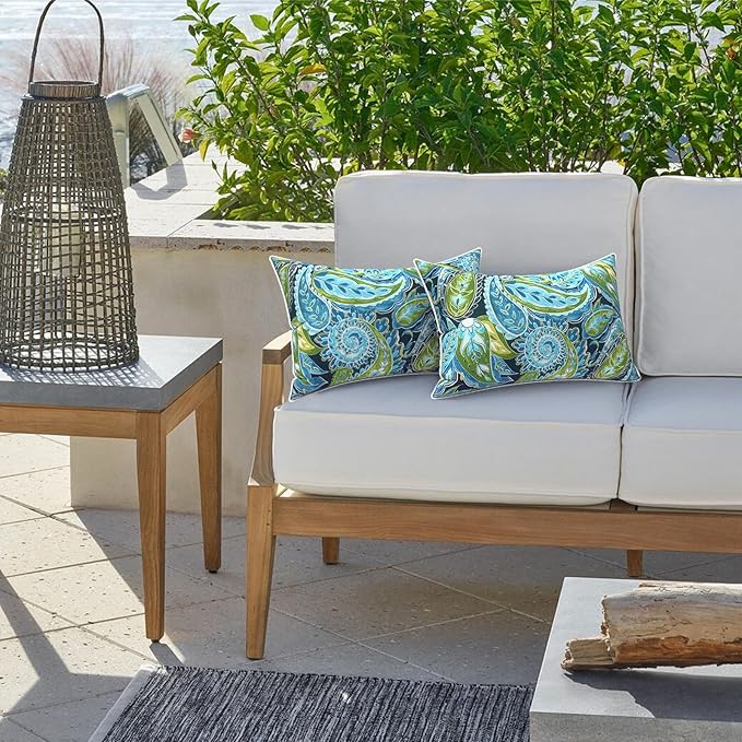 LVTXIII 2 Pack Outdoor Lumbar Pillow Covers 12x20 Inch with Piping, Water-Repellent Back Cushion Covers ONLY for Patio Furniture, Sofa, Garden Bench, Paisley Lapis Green