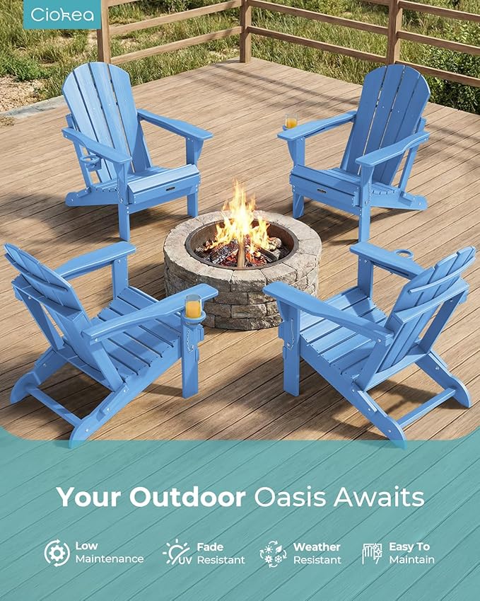 Ciokea Folding Adirondack Chairs Set of 2, Patio Adirondack Chair Weather Resistant, Plastic Fire Pit Chair with Cup Holder, Lawn Chair for Outdoor Porch Garden Backyard Deck, Baby Blue