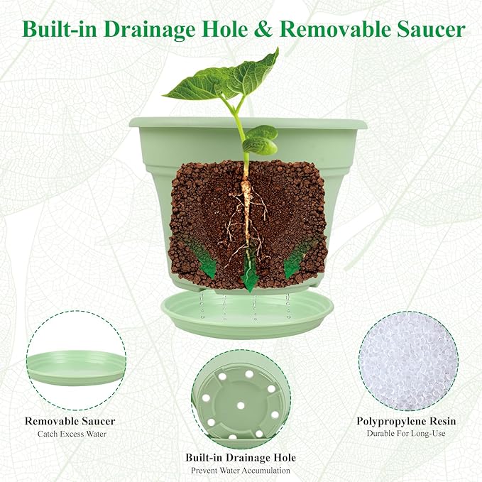 Pottiffe 16 inch Plastic-Flower-Pot-for-Indoor-Plants, 4 Pack Large Outdoor Planter Pot with Drainage Holes & Saucers, Resin Decorative Garden Pots Planters