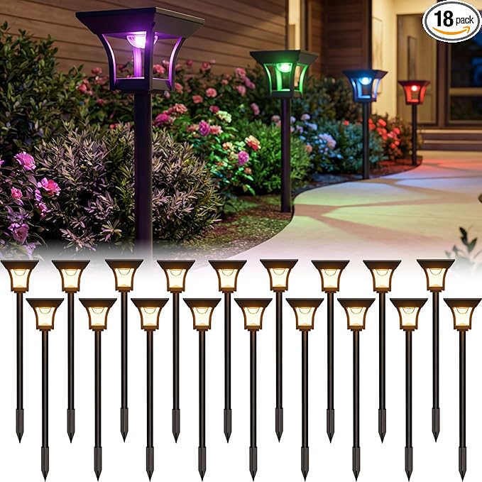 CINOTON 18 Pack RGBCW Solar Pathway Outdoor Lights, 3 Lighting Modes Solar LED Garden Lights, IP65 Waterproof Outside Solar Powered Landscape Lighting for Planter Lawn Pool Balcony RGB/Warm/Cold White