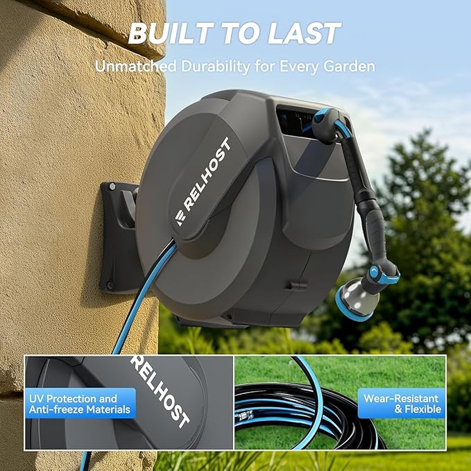 Relhost Retractable Garden Hose Reel, 1/2 in x 100 ft Wall Mount Heavy Duty Hose Reel with Any-Length Lock, Auto Rewind System, 180° Swivel Bracket, and 10-Pattern Nozzle for Garden, Dark Grey