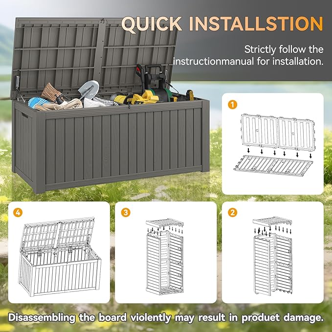 220 Gallon Outdoor Storage Box, Resin Deck Boxes Outdoor Waterproof For Patio Furniture, Garden Tools, Pool Supplies, Lockable And UV Resistant (Striped Gray)