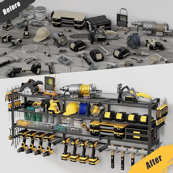 Jusgym Large 49''W Power Tool Organizer Wall Mount |650lbs Tool Garage Storage Rack with 12 Cordless Drill Holder |4-Tier Heavy Duty Garage Organization |Gifts for Men