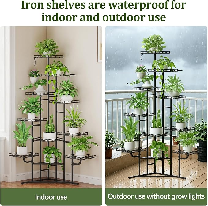 Quikraen 58" Tall Plant Stand Indoor, 10-Tier, Black | Corner Flower Stand Outdoor Metal Plant Stand