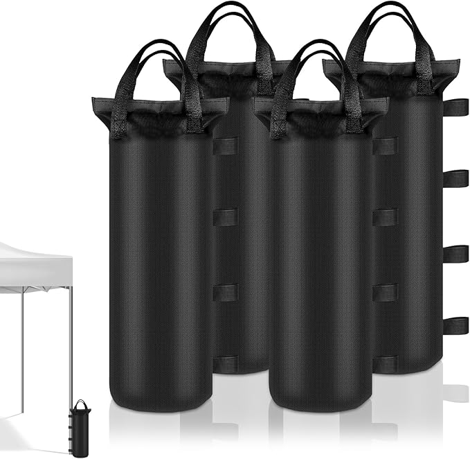 4 Sand Bags for Weight, Heavy Duty Sandbags for Canopy Legs, Extra Large Pop Up Tent Weights, Canopy Weight Bags for Gazebo, Outdoor Sun Shelter, Umbrella - Black, 6"×20", Without Sand