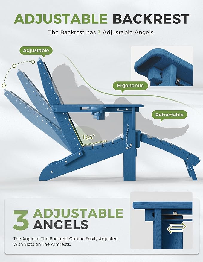 Ciokea Folding Adirondack Chair Set of 6 with Retractable Ottoman Fire Pit Patio Chair with Pull Out Foot Rest Weather Resistant Lawn Outdoor Chair with 2 Cup Holder (Navy Blue)
