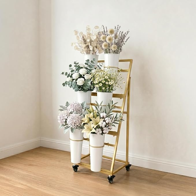 Flower Bar Stand with 6 Buckets, 3-Tier Metal Flower Display Stand on Wheels, Mobile Flower Cart for Indoor & Outdoor Garden, Flower Shop, Wedding, Party Decor(Gold)