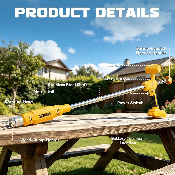 Ecarke Brushless Electric Weed Puller, Compatible with DeWalt 20V Battery, 40" Long Handle Stand Up Weeder with Spring Eject & 3-Claw Steel Head, Dandelion Lawn Garden Tool (Tool Only)