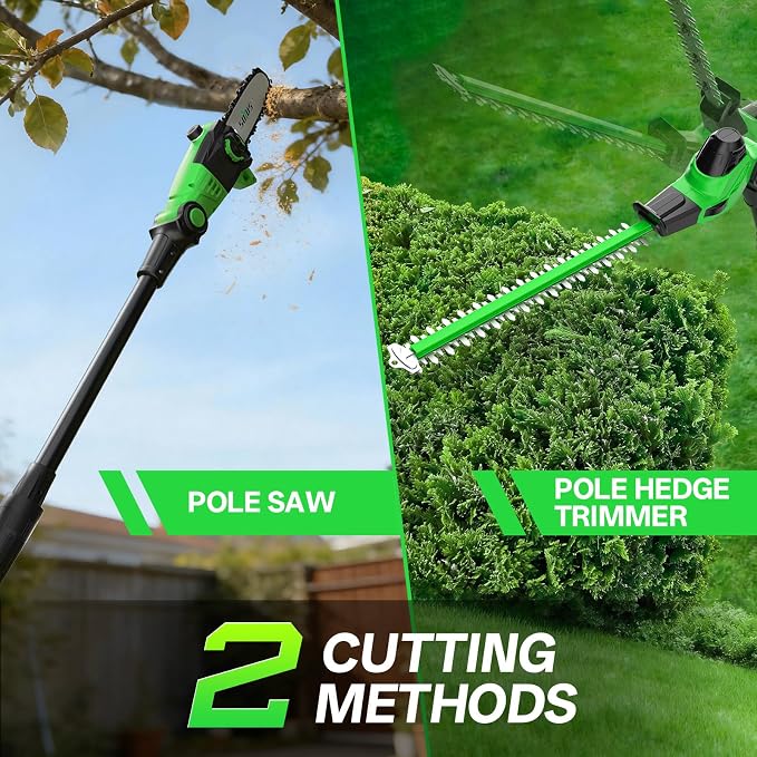SOYUS 2-in-1 Pole Saw 8-Inch Cordless and 18-Inch Pole Hedge Trimmer, Pole Saw for Tree Trimming with 2x 3.0Ah Battery & Charger, 15-Foot Max Reach Pole Chainsaw with Multi-Angle, Auto Oiling