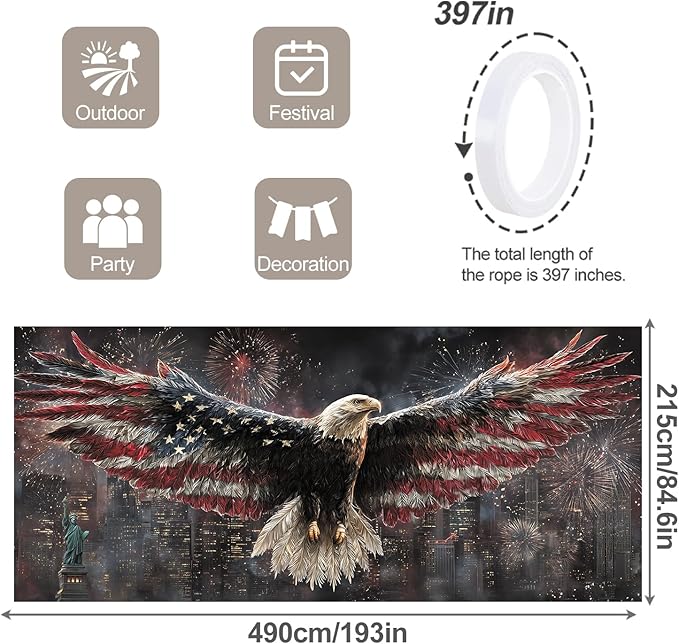 7 * 16FT Eagle USA Flag Garage Door Cover Decorations Independence Day Garage Door Banner for Outdoor Indoor Patriot Party Photography Backdrop