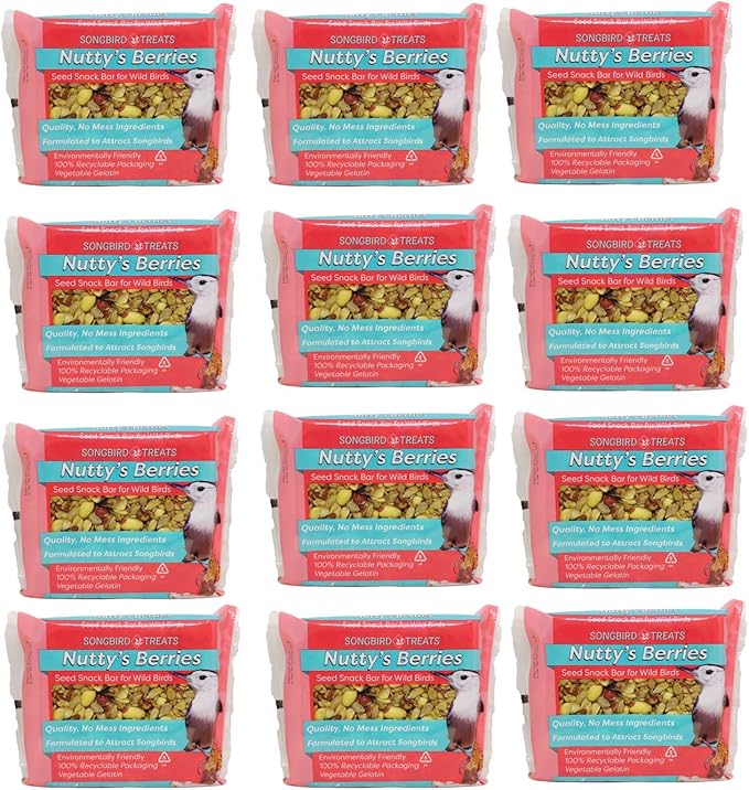 Wildlife Sciences Songbird Treats Seed Bars | 12 Pack of 8 oz Bird Seed Cakes for Wild Birds (Nutty's Berries)