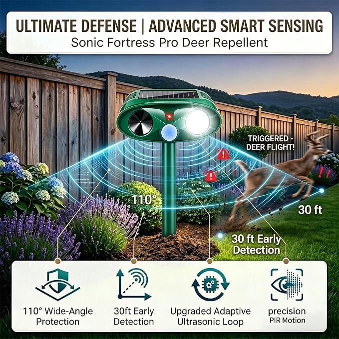 4 Pack Upgraded Sonic Fortress Pro Deer Repellent Cat Deterrent Outdoor Solar Ultrasonic Animal Repeller with Motion Sensor Strobe Light for Skunk Rabbit Raccoon Squirrel Fortress Pro for Yard Garden