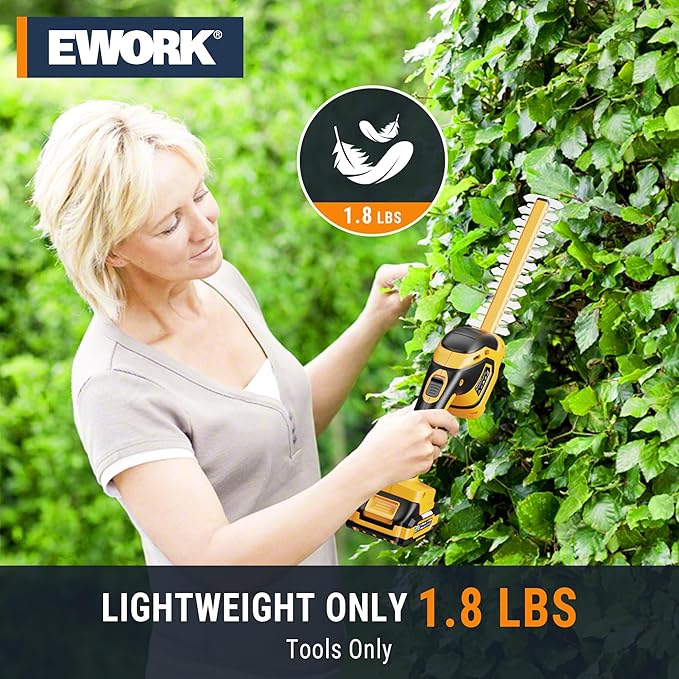 EWORK 21V Cordless Hedge Trimmer & Grass Shears 2-in-1 Handheld Electric Bush Trimmer, 2x2.0Ah Battery & Charger Included, Lightweight Shrub Trimmer for Garden Yard Lawn Patio Maintenance