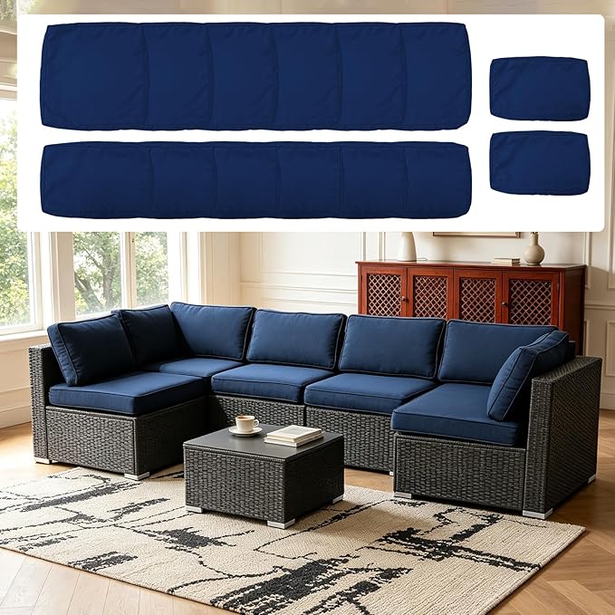 14Pcs Outdoor Cushion Covers Replacement Washable Waterproof UV w/Zipper for 6-Seaters Sofa Patio Slipcovers Set Seat and Back Covers Only (Deep Blue, 25x25x3.15inch)