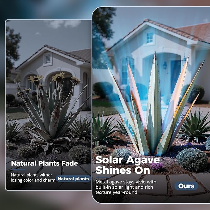 KODIBO 24” Large Solar Metal Agave Plants Outdoor Decor, Tequila Rustic Sculpture Outdoor Statues, Garden Sculpture for Patio Path Courtyard and Lawn (Vintage Blue-Solar Light)
