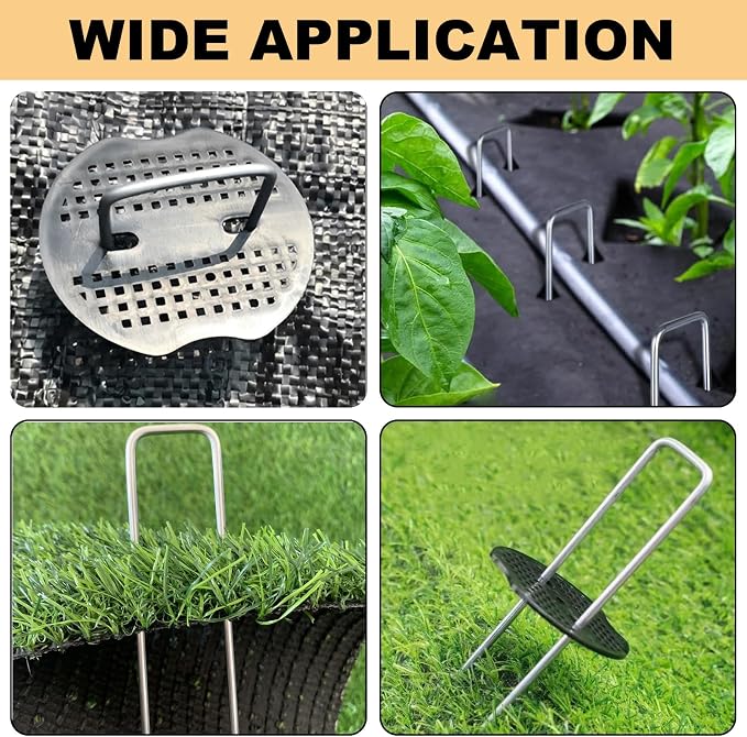 8 Inch Landscape Staples Set, 200Pcs U-Shaped Landscape Staples and 200Pcs Fixing Gasket with 1 Pcs Pick Hook for Weed Fabric & Landscaping 100 Pack