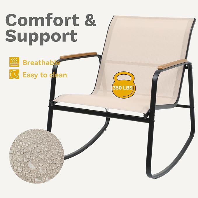 DWVO Patio Rocking Bistro Set, 3 Piece Durable Textilene Outdoor Furniture Set, Wooden Armrest Rocker Chairs & Glass Table for Garden, Balcony & Poolside, Beige