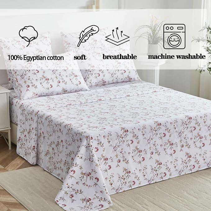 FADFAY Sheets Set King Rustic Pink Floral Botanical Bedding Set Luxury 100% Egyptian Cotton Bed Sheet Set Soft Breathable for All Season Bedoom Decor with 17.7 Deep Pocket Fitted Sheet, King Size