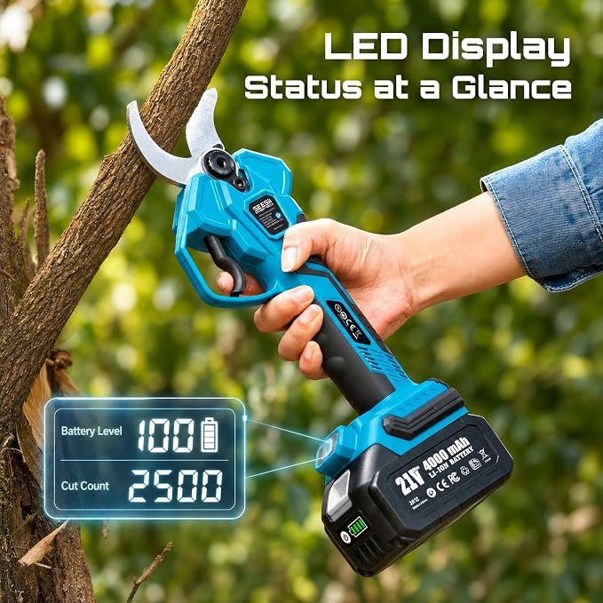 SEESII Electric Pruning Shears 1.6'' Cut, 20V Cordless Branch Cutter With LCD Display, 2 x 4.0Ah Batteries, Brushless Motor, SK5 Blade, Auto Sleep, Extra Blade For Garden Trees And Vines