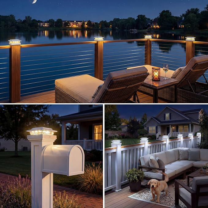 kolpop 4x4 Solar Post Cap Lights Outdoor 4Pack- 3 Color Temperatures&2 Level Brightness, IP65 Waterproof, 16 LED Fence Deck Post Light Solar Powered Only for 4×4/3.5×3.5 Wood/Vinyl Posts(White)