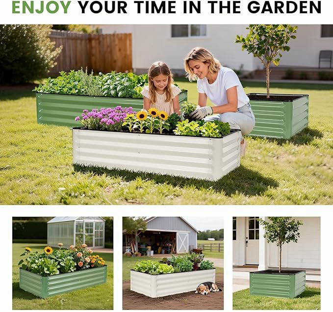 INNO STAGE Galvanized Raised Garden Bed Kits, 4x2x1ft Metal Raised Garden Beds Outdoor, Steel Raised Planter Bed with Gloves for Vegetables & Flowers Patio Ground Planter Box (White, 2PCS)