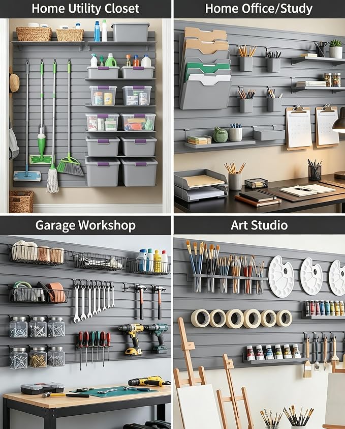 FRAYSCENT Slat Wall Paneling Garage Slat Wall Storage Systems Slatwall Panels Power Tool Organizer Wall Mount, PVC Garage Storage & Organization Products Slate Board (Grey, 8ftx4ft with 2H Trim)