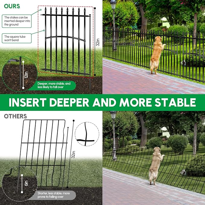 Metal Garden Fence 32in H x 27in W (10 Panels, Total Length 23ft), No Dig Animal Barrier Fence for Dogs, Heavy Duty Tube Decorative Garden Edging Border, Outdoor Rustproof Landscape Fencing for Yard