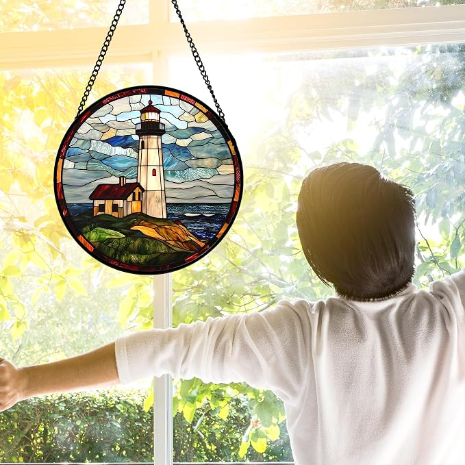 DASTOLL Stained Glass Window Hanging, Ocean Lighthouse Sun Catchers Glass Panel Blue Green Suncatcher Decor for Birthday for Women, Men, Wife, Aunt, and Mom 6.3 in