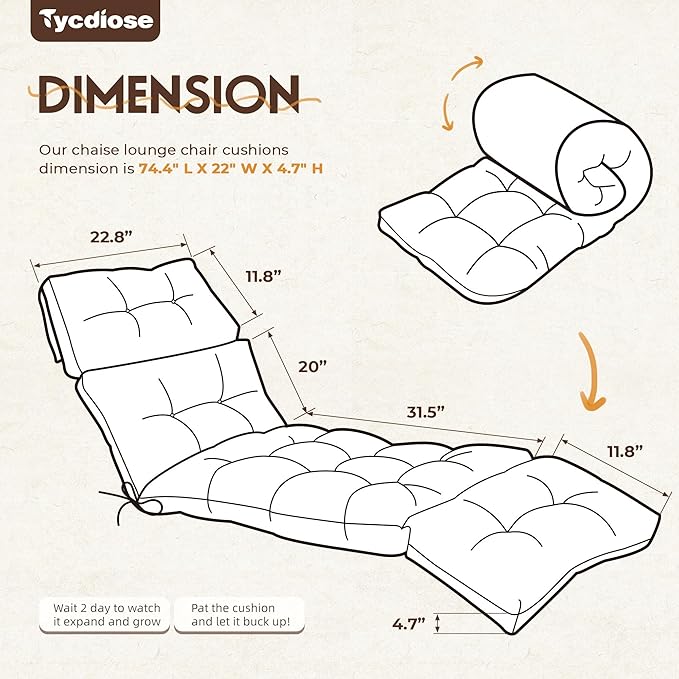 Outdoor Chaise Lounge Chair Cushion Replacement 74.4 x 22 x 4.7 Inches Memory Foam Waterproof Lounge Chair Cushions for Outdoor Furniture with Ties, Thickened Lounge Chair Cushions, Black