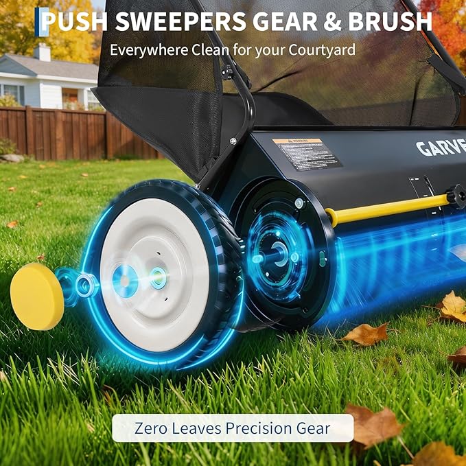 PeakPursuit 21 Inch Push Lawn Sweeper, Leaf & Grass Collector, Strong Rubber Wheels & Heavy Duty Thickened Steel Durable to Use with Large 3.5 Cu. ft Hopper Bag, 4 Spinning Brushes